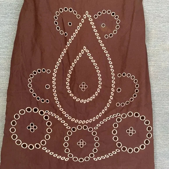 SAAC MIZRAH Brown Eyelet Linen Knee length Dress Size 10 - Picture 2 of 16